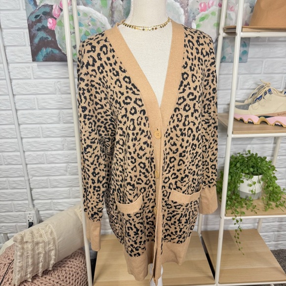 J. Crew Merino Wool/Cotton Blend Leopard Print Long Line Cardigan (M) - Picture 2 of 5